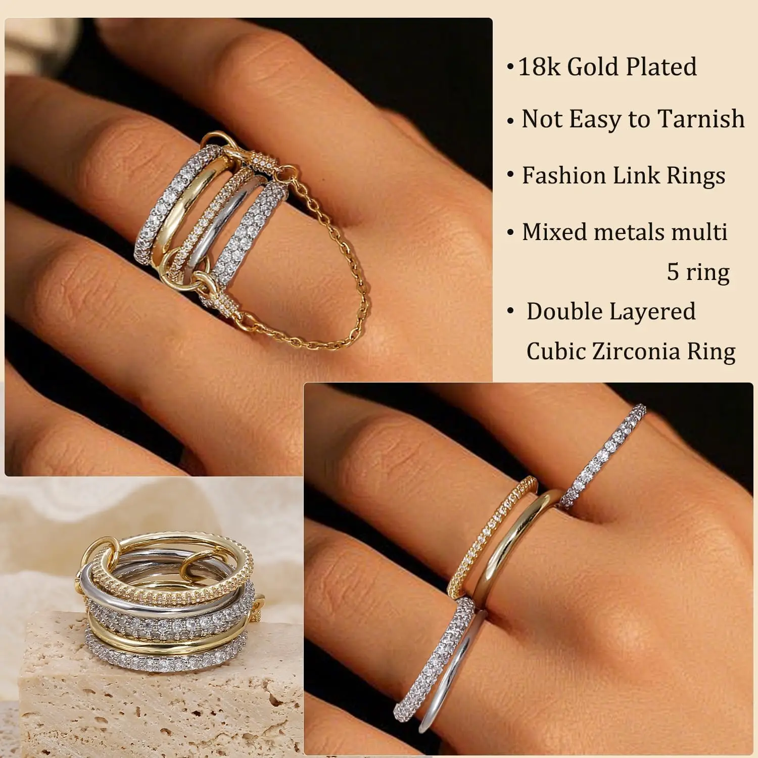 Elegant Gold Plated Interlocking Chain Rings with Cubic Zirconia - Set of 5
