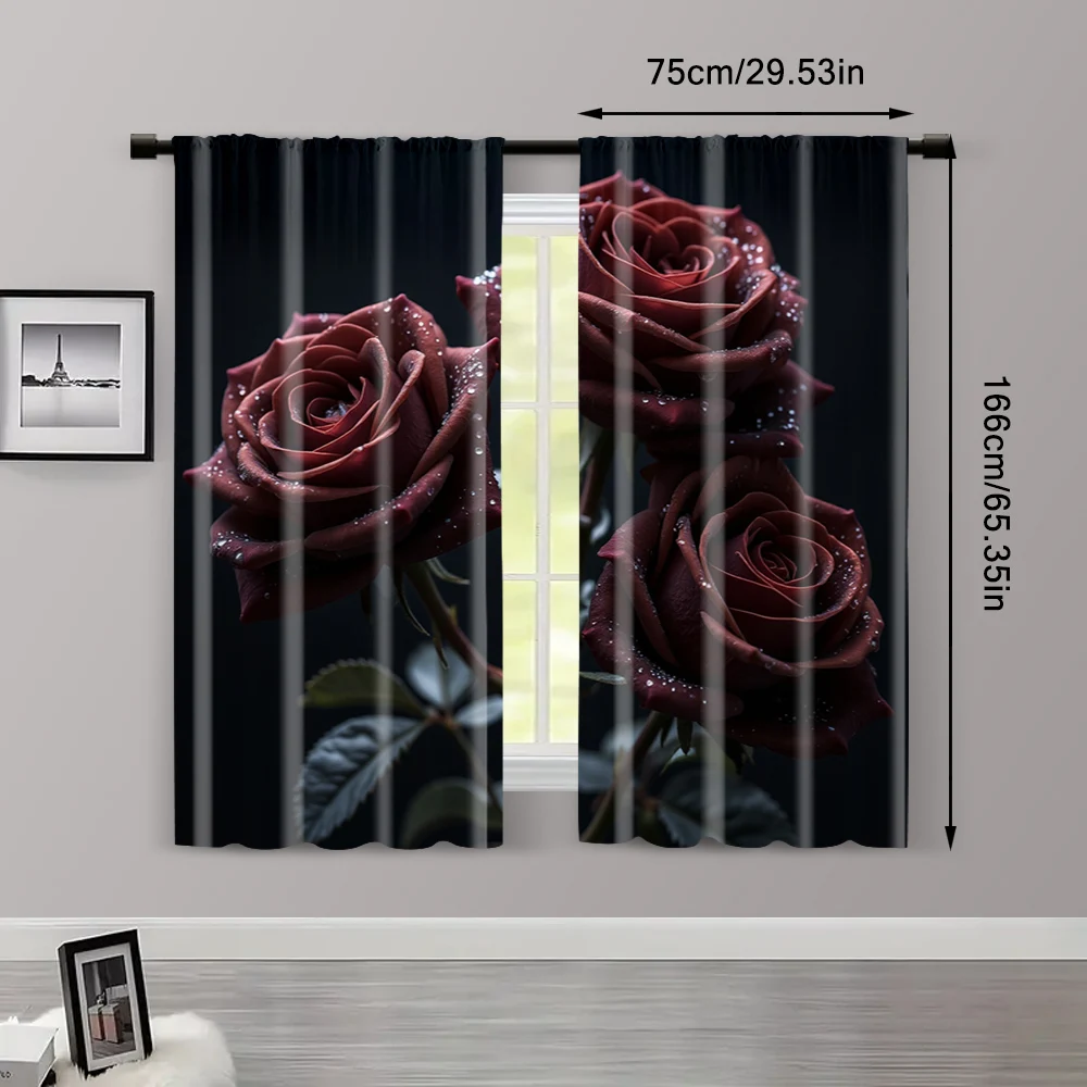 2pcs, Print Curtains 2D print Black and Golden Rose Durable 100% Polyester Fabric (without rod) Thermal Insulation, and Room 3