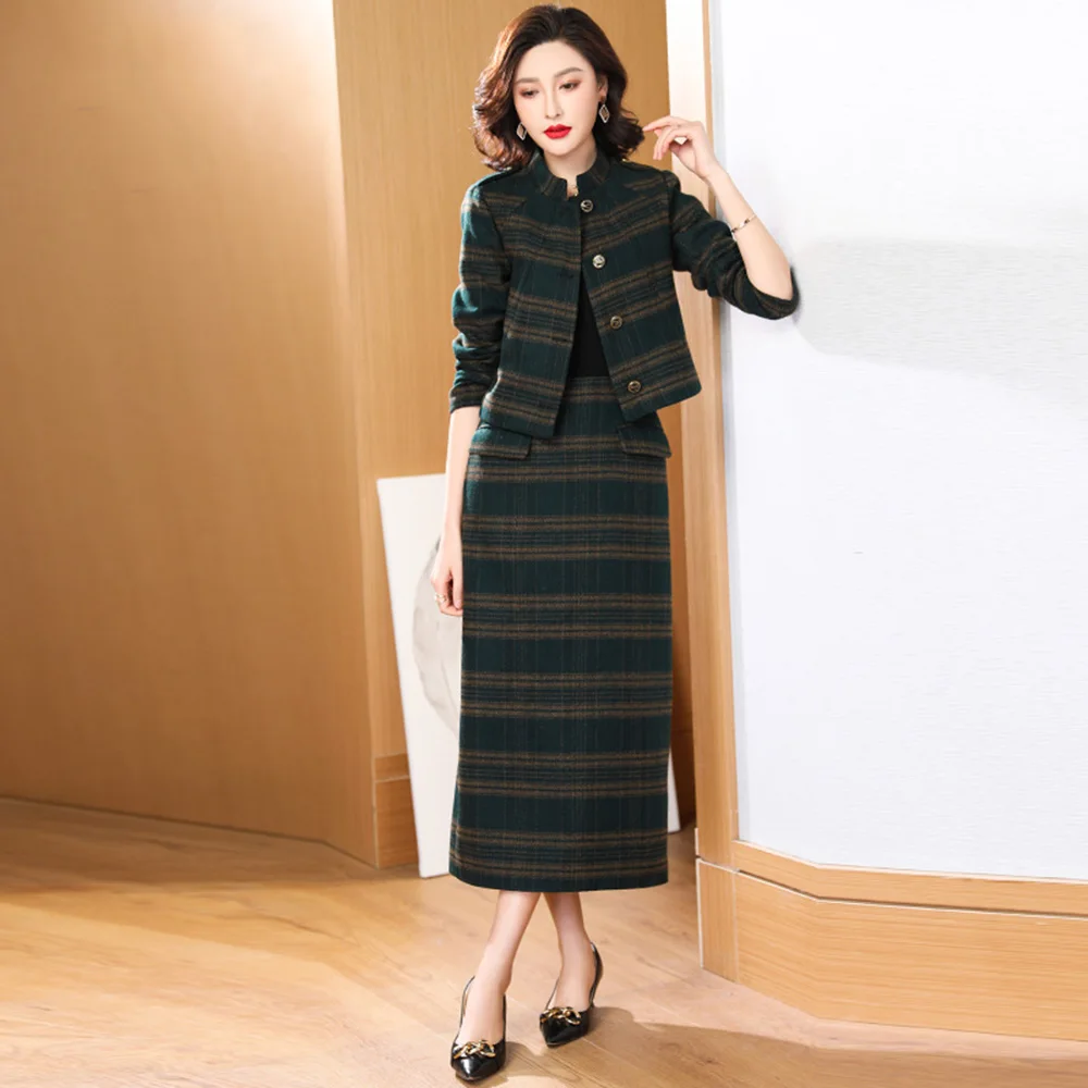 New Women Plaid Wool Skirt Suits Spring Autumn Elegant Fashion Short Slim Wool Blends Jacket & Woolen Long Skirt Two-pieces Set