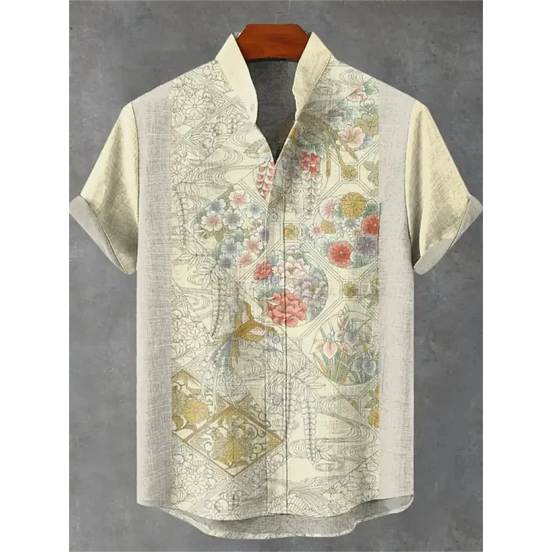 Linen men's fashionable casual shirt short sleeved top 3D printed pattern clothing 2025 Hawaii shirt men's social shirt premium
