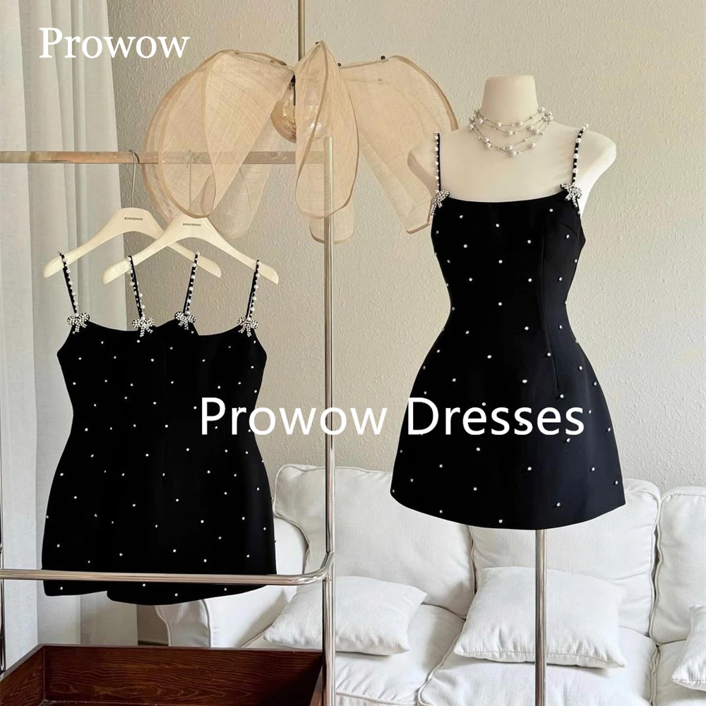 Prowow Black Pearls Beading Short Prom Cocktail Dresses Spaghetti Straps A Line Mini Evening Gowns for Party Birthday
