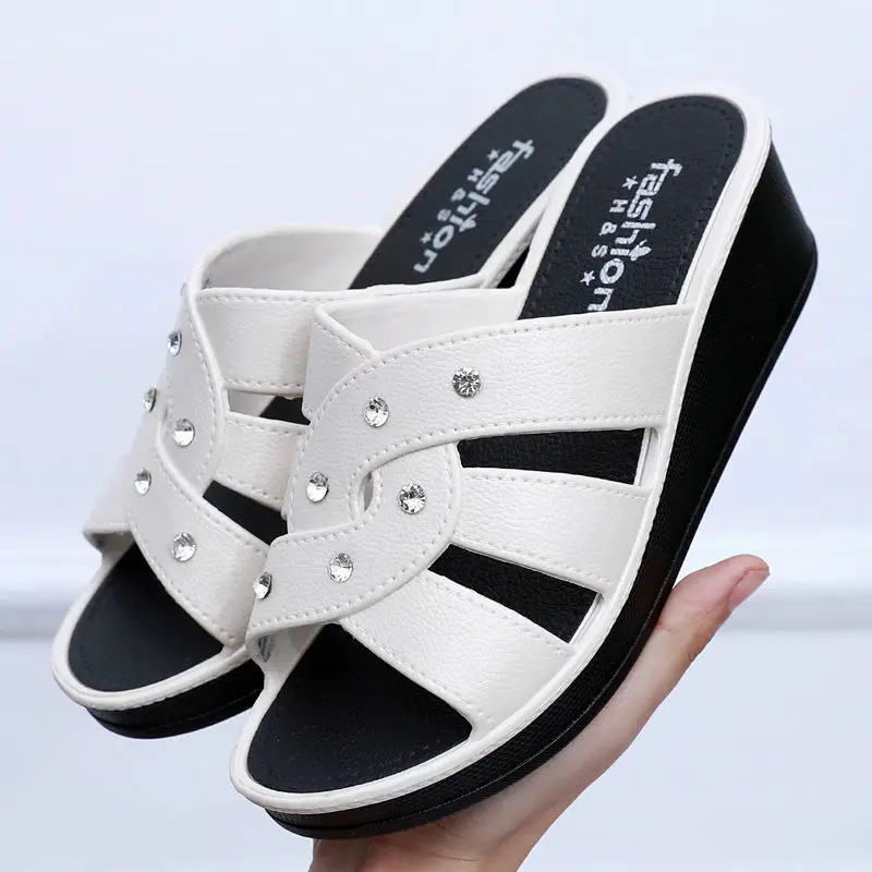 Ladies High Heel Slippers Summer Outer Wear Thick Bottom Fashion Home Non-slip Mother Shoes Soft Bottom Wedge Sandals
