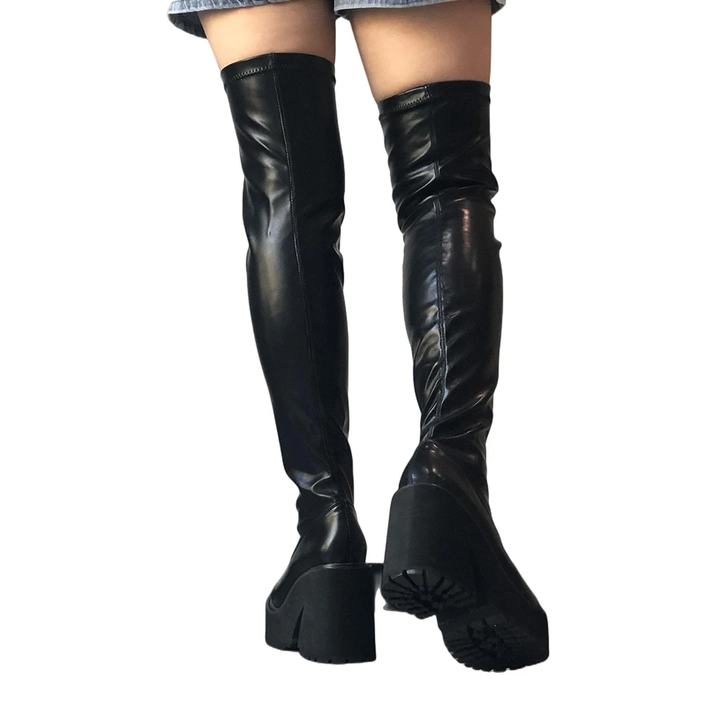 

Sexy Women Thigh Platform High Boots Stretch Over The Knee Long Boots Designer Black Female Party Style Chunky High Heels Mujer