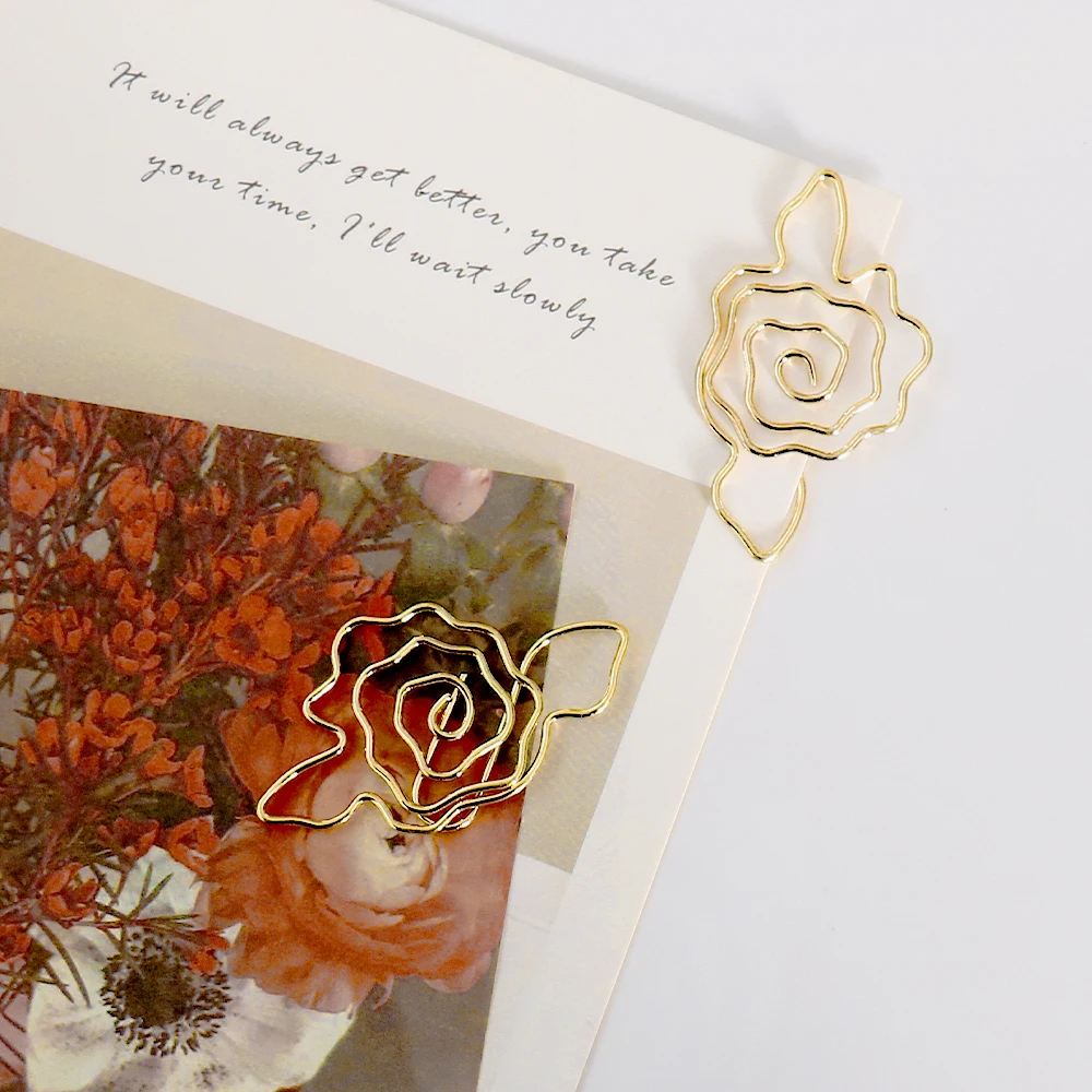10pcs Gold Rose Flower Paper Clip Metal Diy Flower Planner Stationery Supplies Bookmark Gift Shaped Paper Clips paper clips,mini bookmark