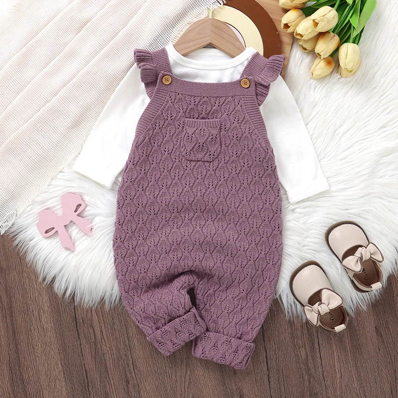 Focus norm 0-18m 4 Farben Auutmn Baby Mädchen Jungen Stram pler feste Rüschen Fliegen ärmel fallen Strick Overalls Overalls Pullover – Detail 10