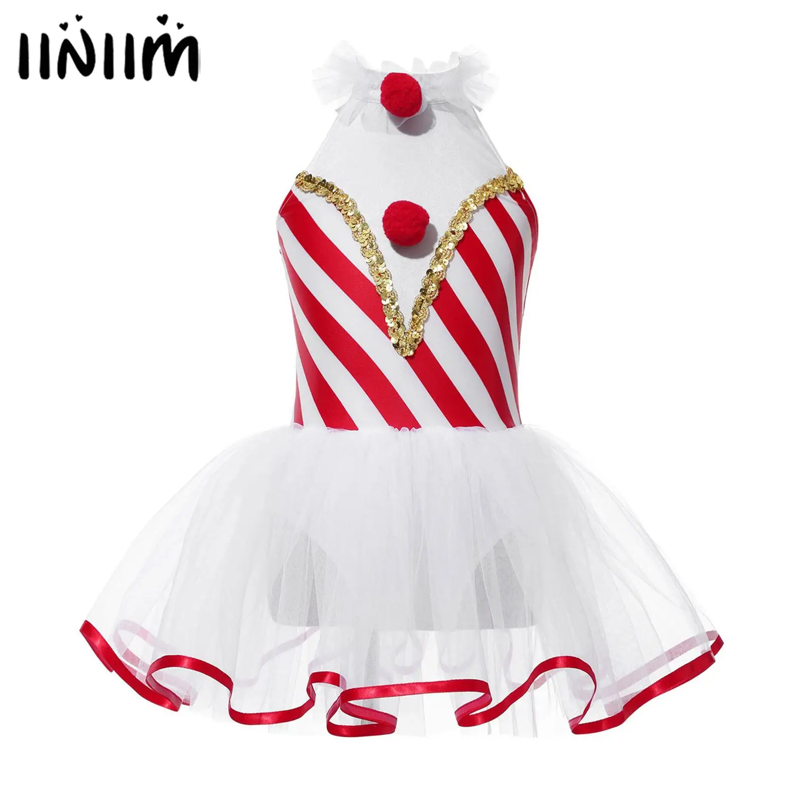 

Girls Christmas Candy Cane Costume Halter Neck Sleeveless Stripes Print Tutu Dress Leotard Costume for Cosplay Dance Performance