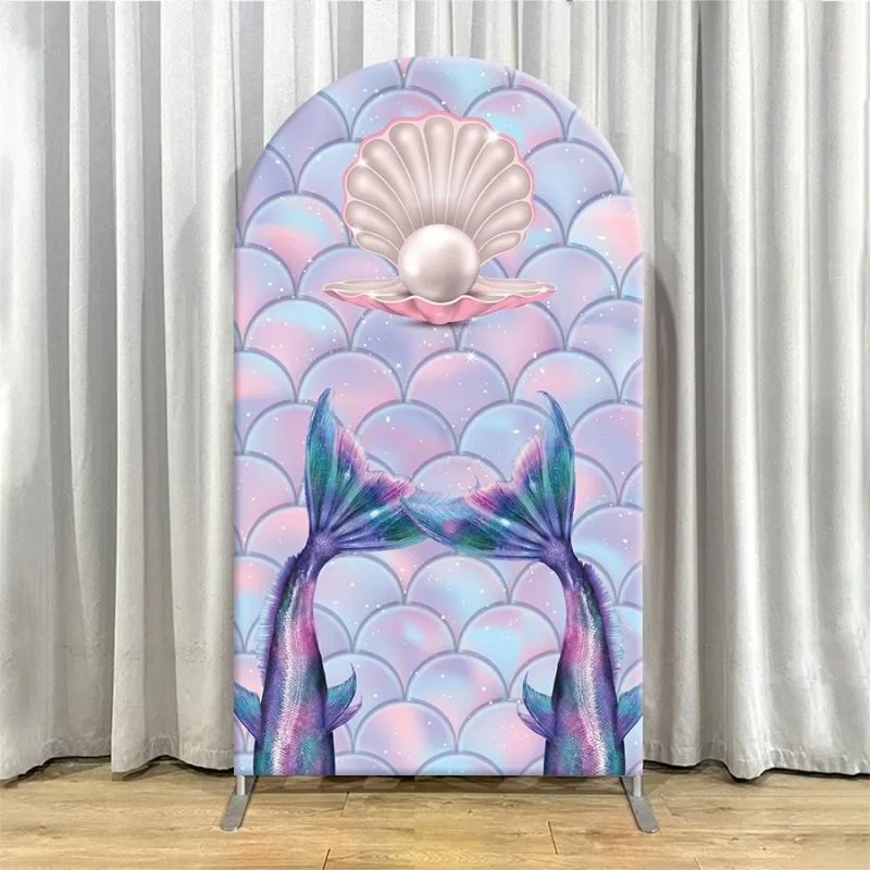 단면 아치형 배경 커버, 인어 꼬리와 진주 조개 배경으로 우아한 파티 장식을 위한 비늘무늬 보라색 분홍색 그라데이션