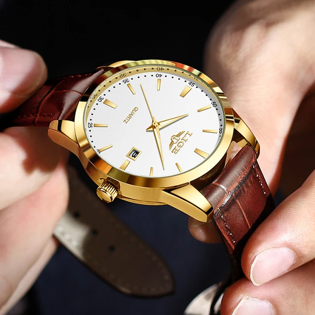 Montre LIGE en cuir marron pour homme, style militaire, sport, quartz, décontractée, étanche, chronographe, Relogios Masculino 1