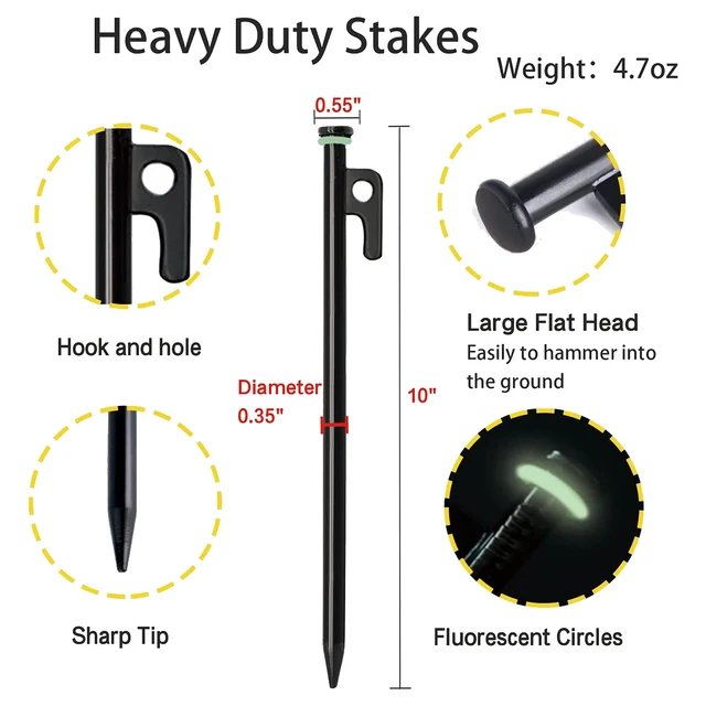 해머 포함 텐트 말뚝, 텐트 말뚝 및 텐트 말뚝 해머, 바위, 초원용, 12 팩