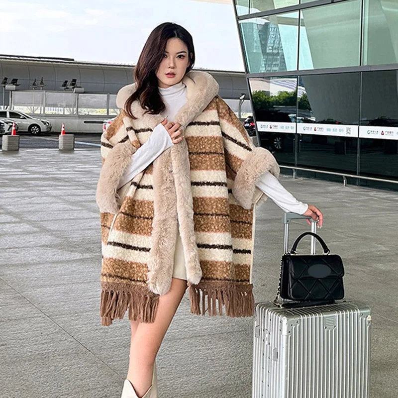 

Модная накидка из искусственной овечьей шерсти в Корейском стиле, длинная толстая верхняя одежда с флисовой подкладкой, женская зимняя накидка, кардиган, накидки