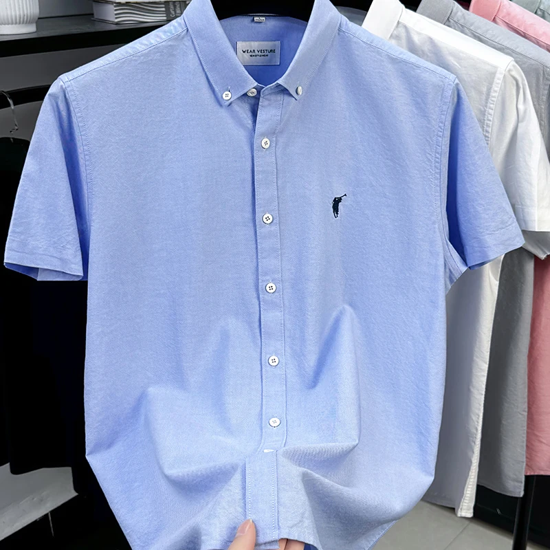Solid Color Cotton Embroidered Small Horse Logo Shirt, Men's Short Sleeved Casual Versatile High-end Spring and Autumn Shirt