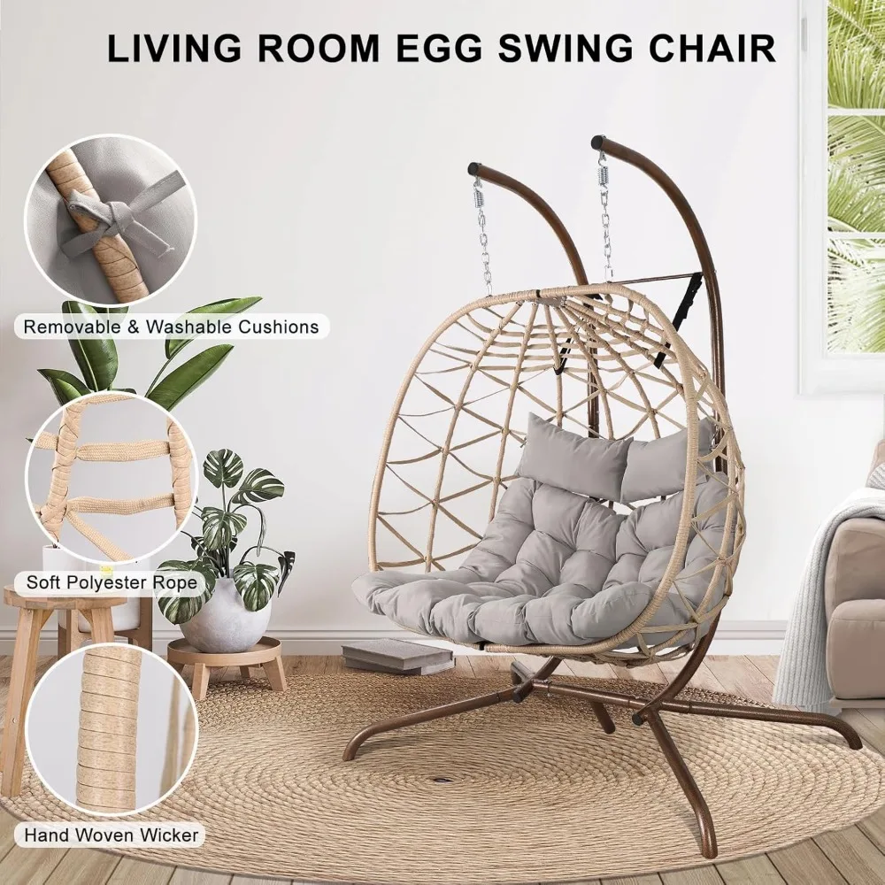 Outdoor Egg Swing Chair with Stand, 2 Person Patio Swing Chairs with Thick Cushions and Pillows,  for Indoor Bedroom 5