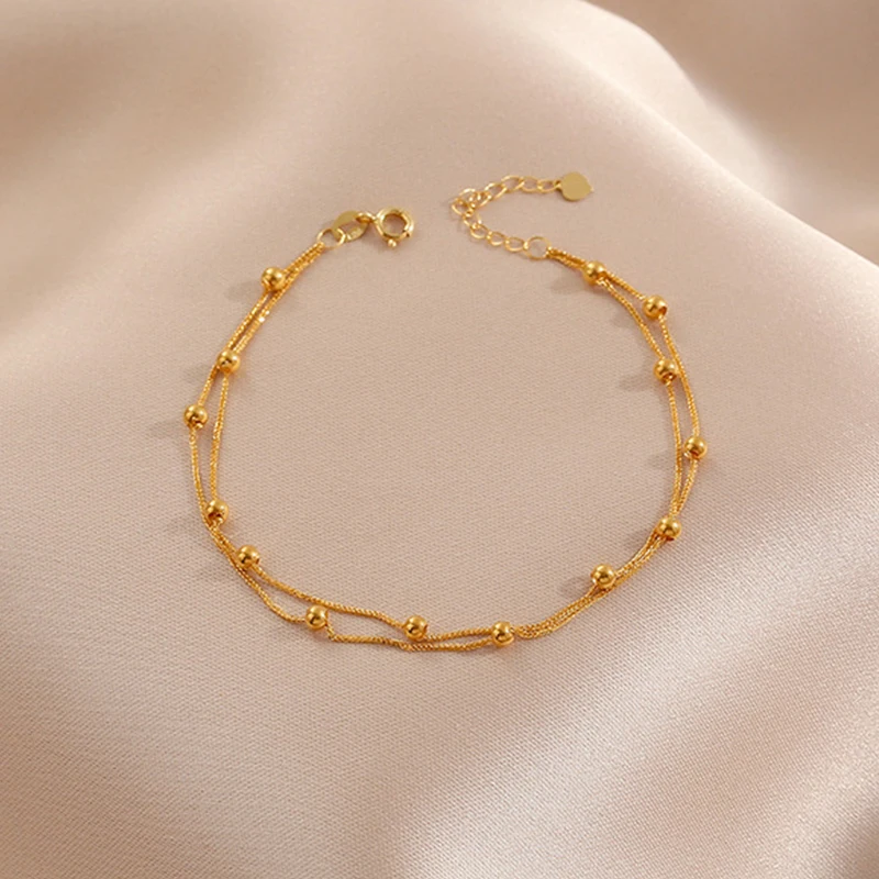 YUNLI Real 18K Gold Double Layer Bead Bracelet Pure AU750 Adjustable Chopin  Chain Fine Jewelry Gift for Women BR023