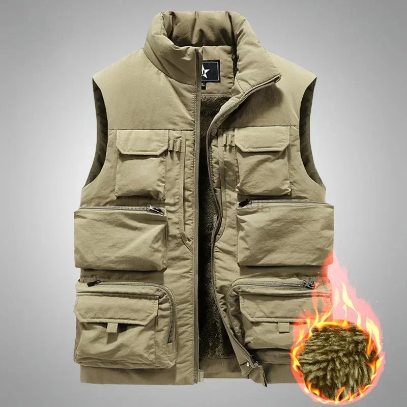 

2024 Men's Vest Coat Winter Sleeveless Jacket Waistcoat Thick Warm Fleece Workwear Tops Cargo Vest Windbreaker Fashion Big Size