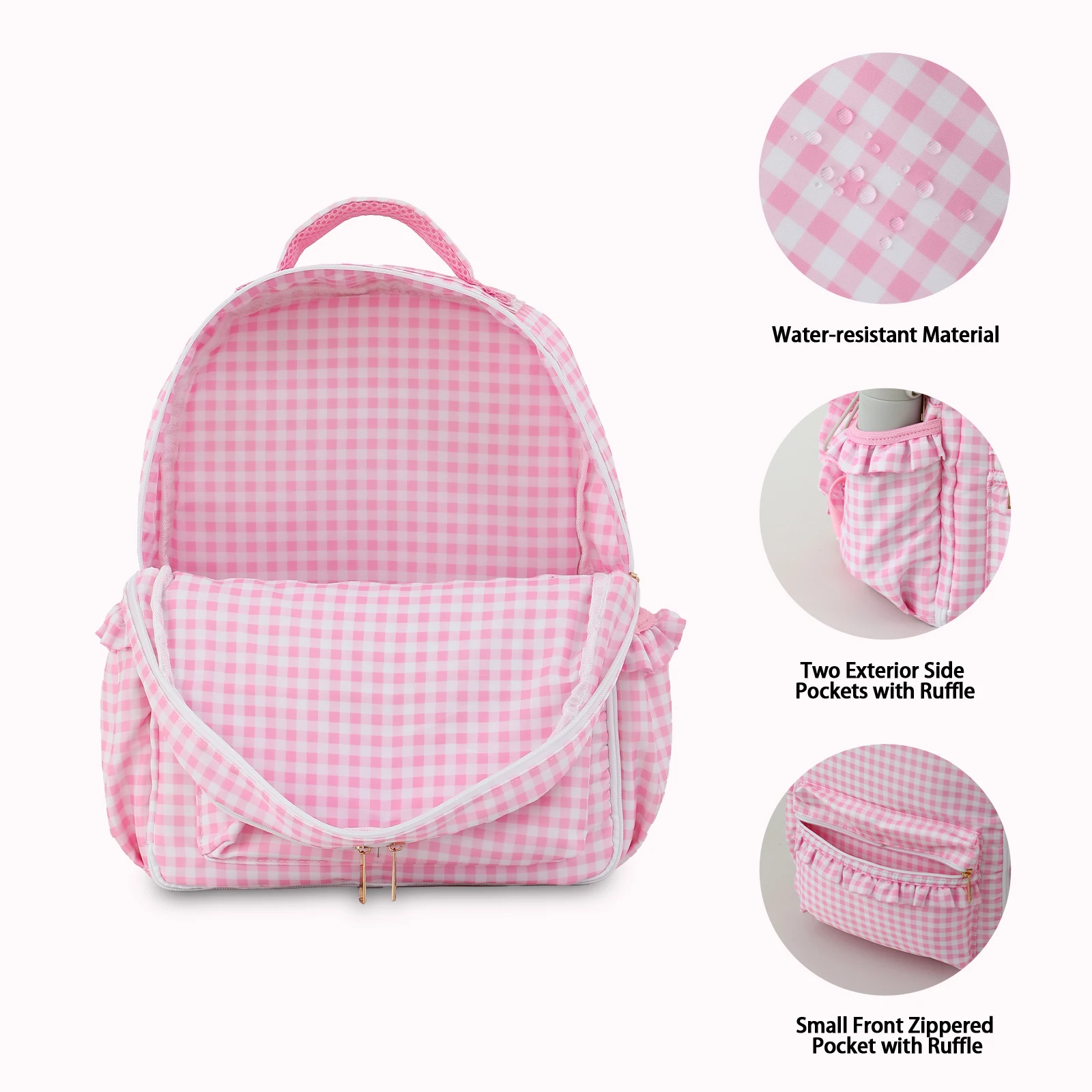 Gingham Ruffle Girls Backpack With Pencil Holder Sleeves Multi-pocket Large Capacity For Teens Back To School Travel Daypack