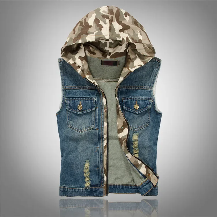 Mens Vintage Ripped Jeans Man Hooded Vest Casual Male Denim Vest With Multi Pocket Sleeveless Jacket Masculino Colete XXXL