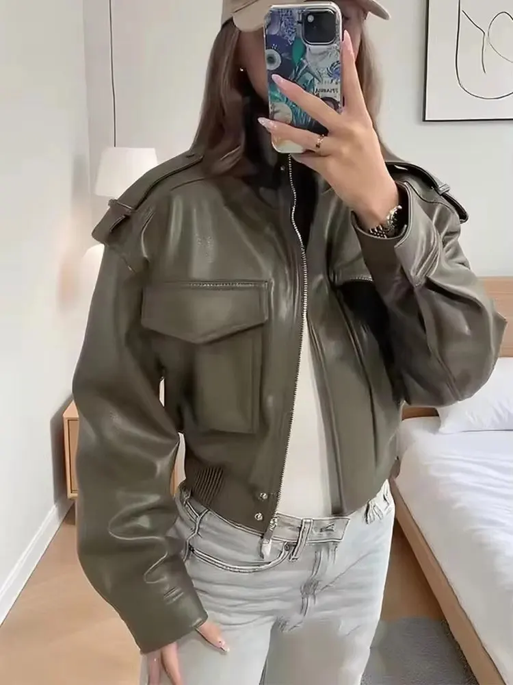 HH Women Vintage Solid Faux Leather Jacket Turtleneck Long Sleeve Zipper Pu Leather Jackets Coats With Pocket Autumn Outerwear