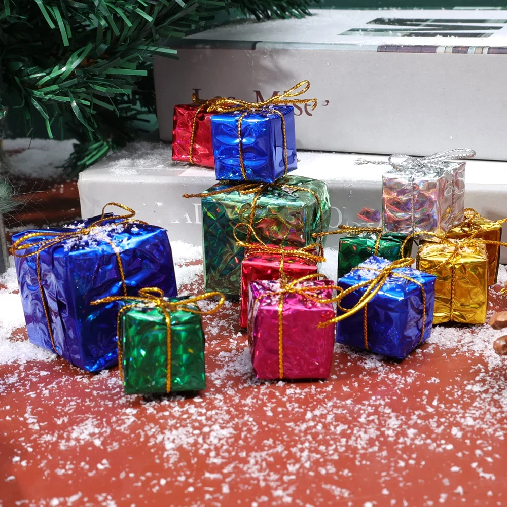 Mini Xmas Ornaments Gifts Boxes 60/6Pcs Shiny Foil Wrapped Gift Boxes Xmas Tree Hanging Pendants For Navidad Party Decorations