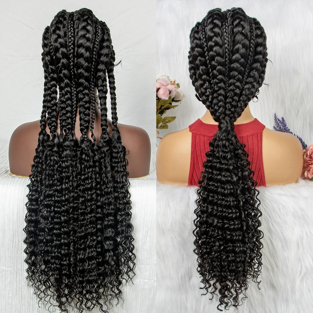 Twisted Braids Hair with Curly Ends Braided Wigs Short Black Synthetic  Natural