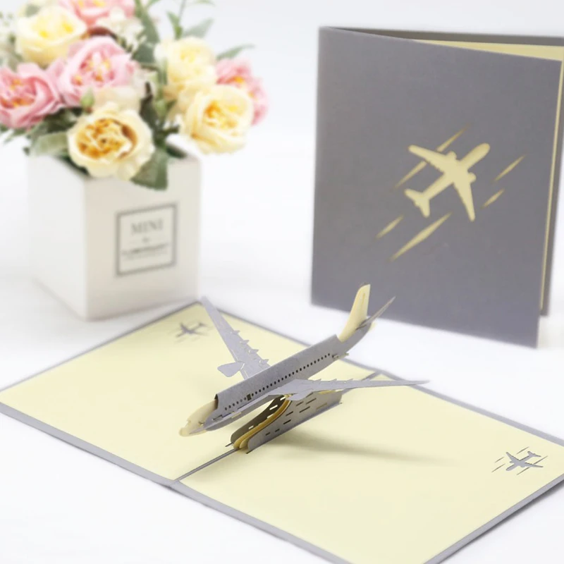 3D Airplane Greeting Card Foldable Paper Carving Card for Festival Birthday Party Invitation Creative Ornament 1PC