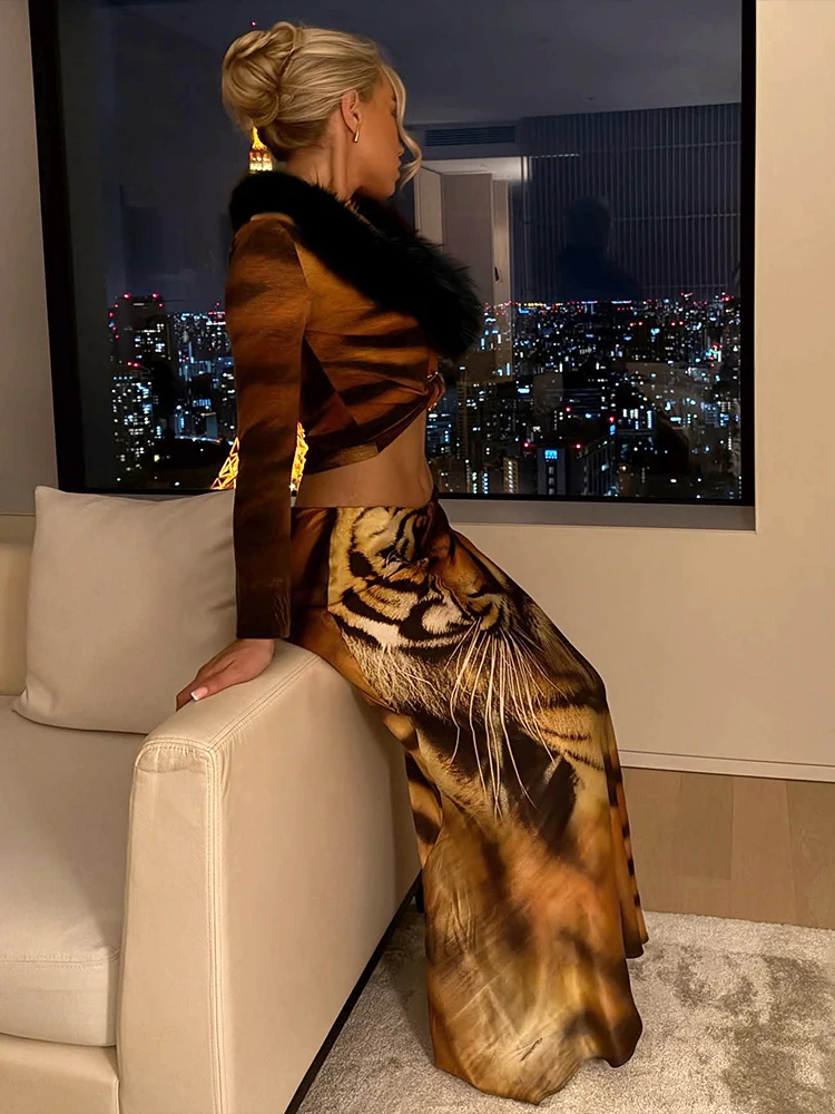 Nibber Sexy2 Piece Set Woman Tiger Print  Furry Patchwork Low-Neck Full Sleeve Crop Top+A-Line Long Skirt Elegant Style Outfits