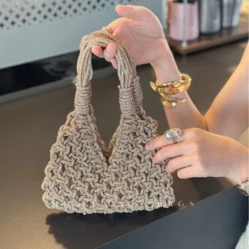 Borsa Hobo Artigianale Traforata con Strass, Borsa a Secchiello in Cotone Lucido Stile Streetwear, Morbida Forma Cilindrica Rotonda