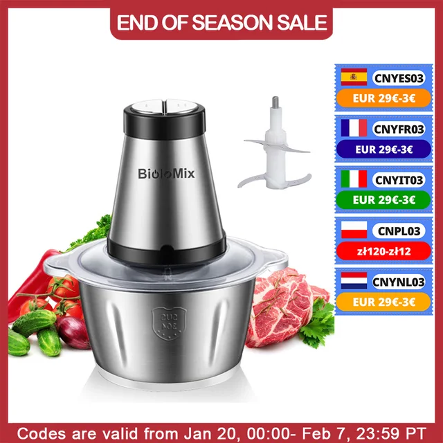 BioloMix 2 Speeds 500W Stainless steel 2L Capacity Electric Chopper Meat Grinder Mincer Food Processor Slicer
