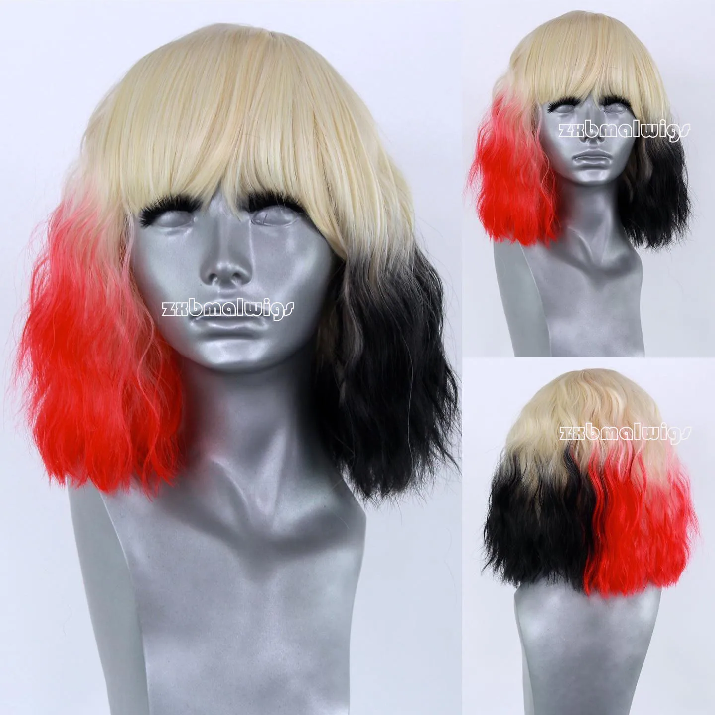 Ombre Blonde to Half Red Black Wavy Synthetic PrePluckedInvisible Lace Front Heat Resistant Drag Queen Cosplay Wigs For Women