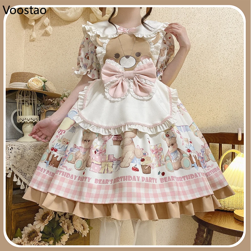 

Japanese Kawaii Lolita OP Dress Women Cute Bear Birthday Party Print Bow Princess Dresses Maid Girls Sweet Cartoon Pattern Dress