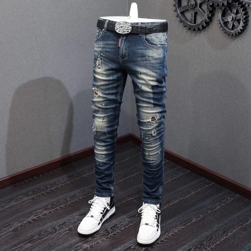 High Street Fashion Men Jeans Retro Black Blue Elastic Slim Hole Ripped Jeans Men Vintage Designer Hip Hop Denim Pants Hombre