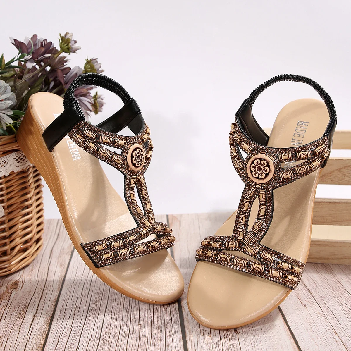 Bohemian Beaded Wedges Sandals Women Fashion Slip On for women sandals women high heels wedge sandals