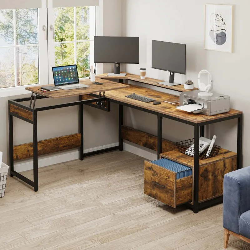 

Dextrus L Shaped Corner Computer Desk with File Drawer, 65'' Lift Top Computer Desk with Storage Shelves