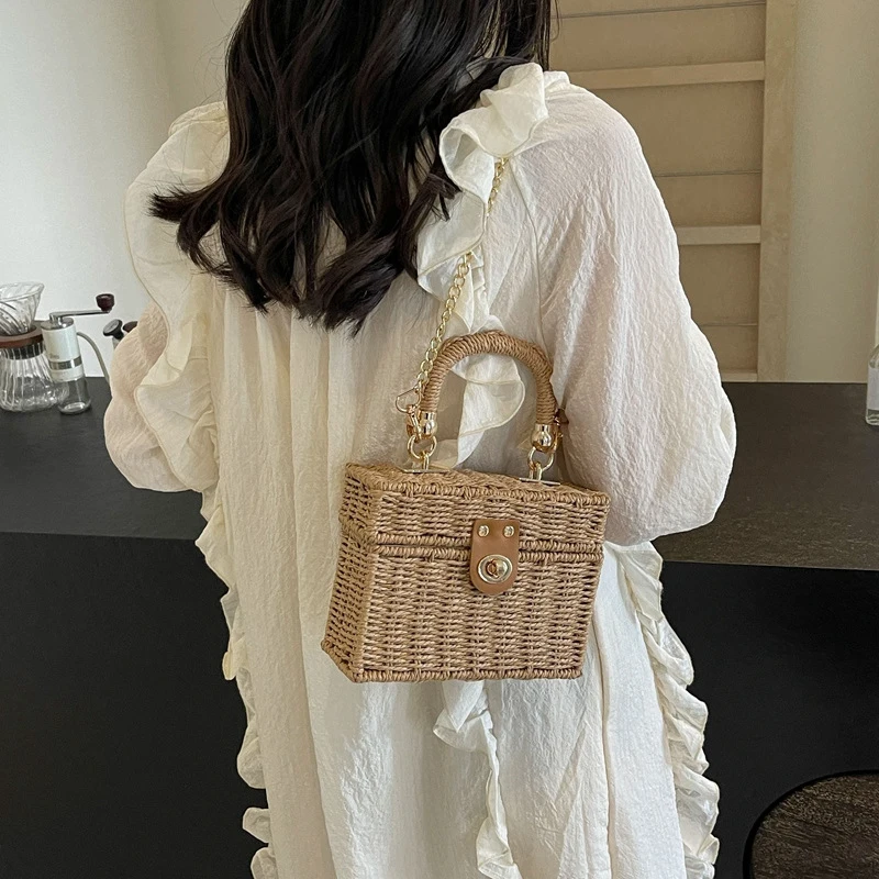 Rattan Straw Shoulder Bag Women Hand-woven Messenger Bag Summer Beach Square Box Straw Handbag For Lady Bolsa Feminina