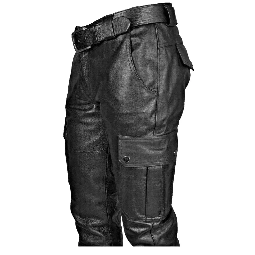 Calças de couro da motocicleta primavera verão dos homens lápis calças retro goth magro casual longo falso moda casual cor sólida