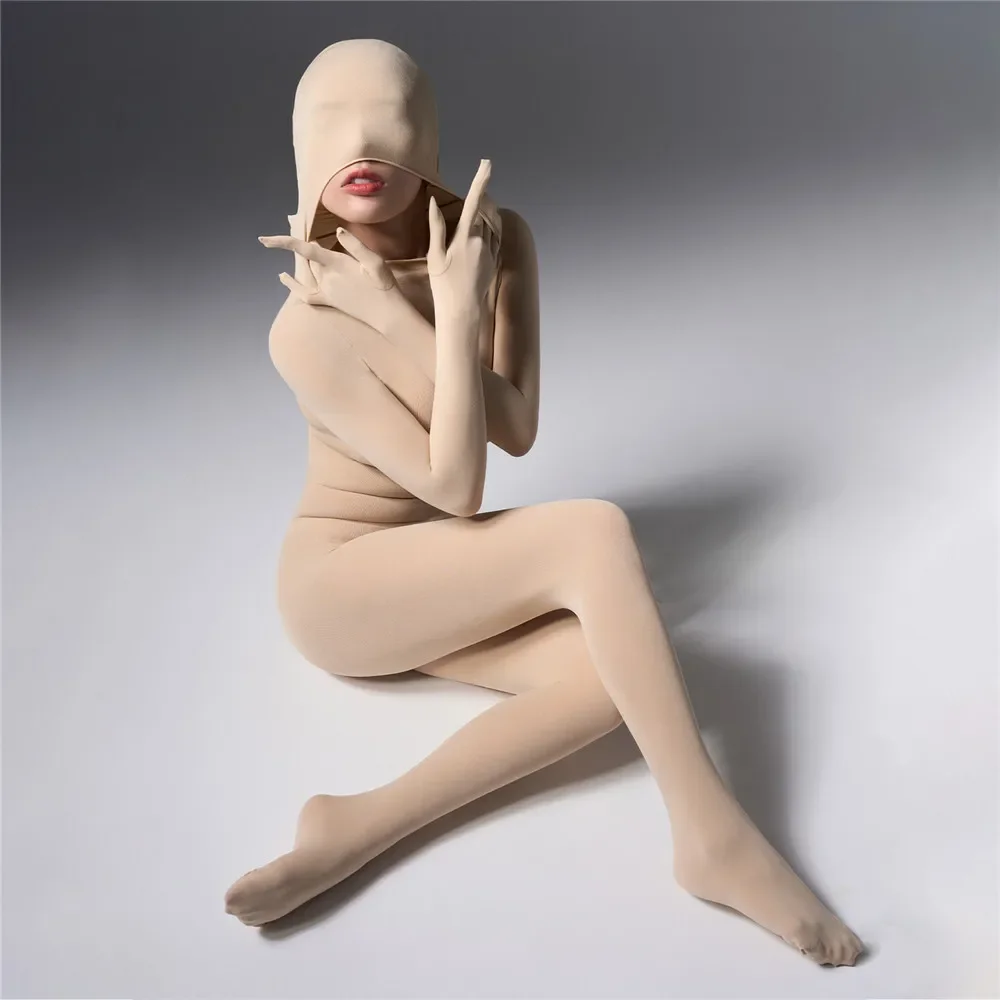 Women's Jumpsuit With Hooded High Elastic Unitard Oil Shiny Glossy Sexy Bodysuit Five Finger Gloves Tights Skinny Shaper Wear 6
