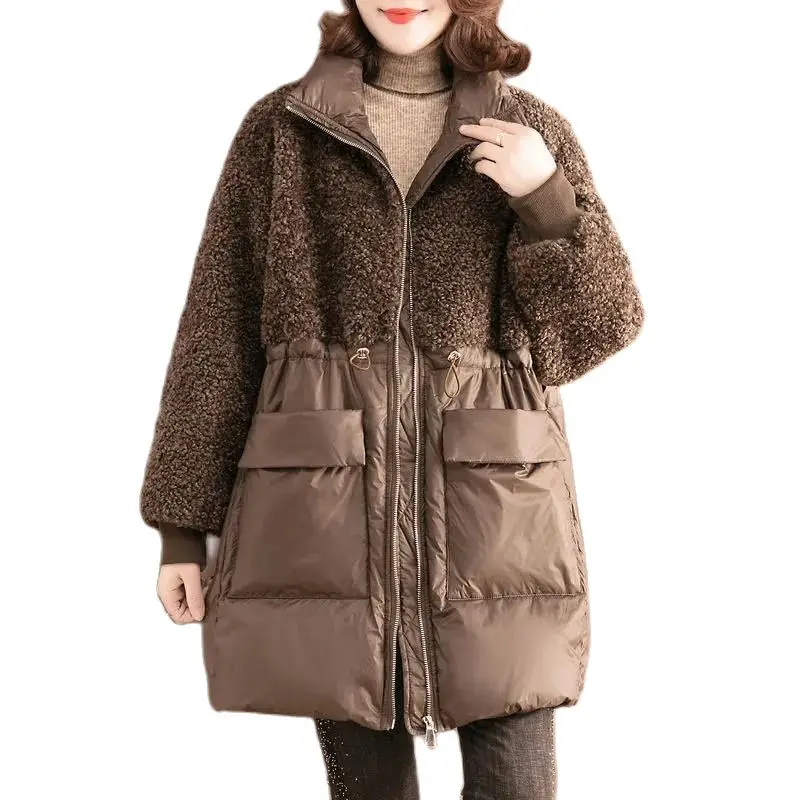 

Autumn Winter Mid-Long Cotton-Padded Jacket Women 2023 New Fashion Pocket Outerwear Lamb Wool Overcoat Loose Warmth Coat Female