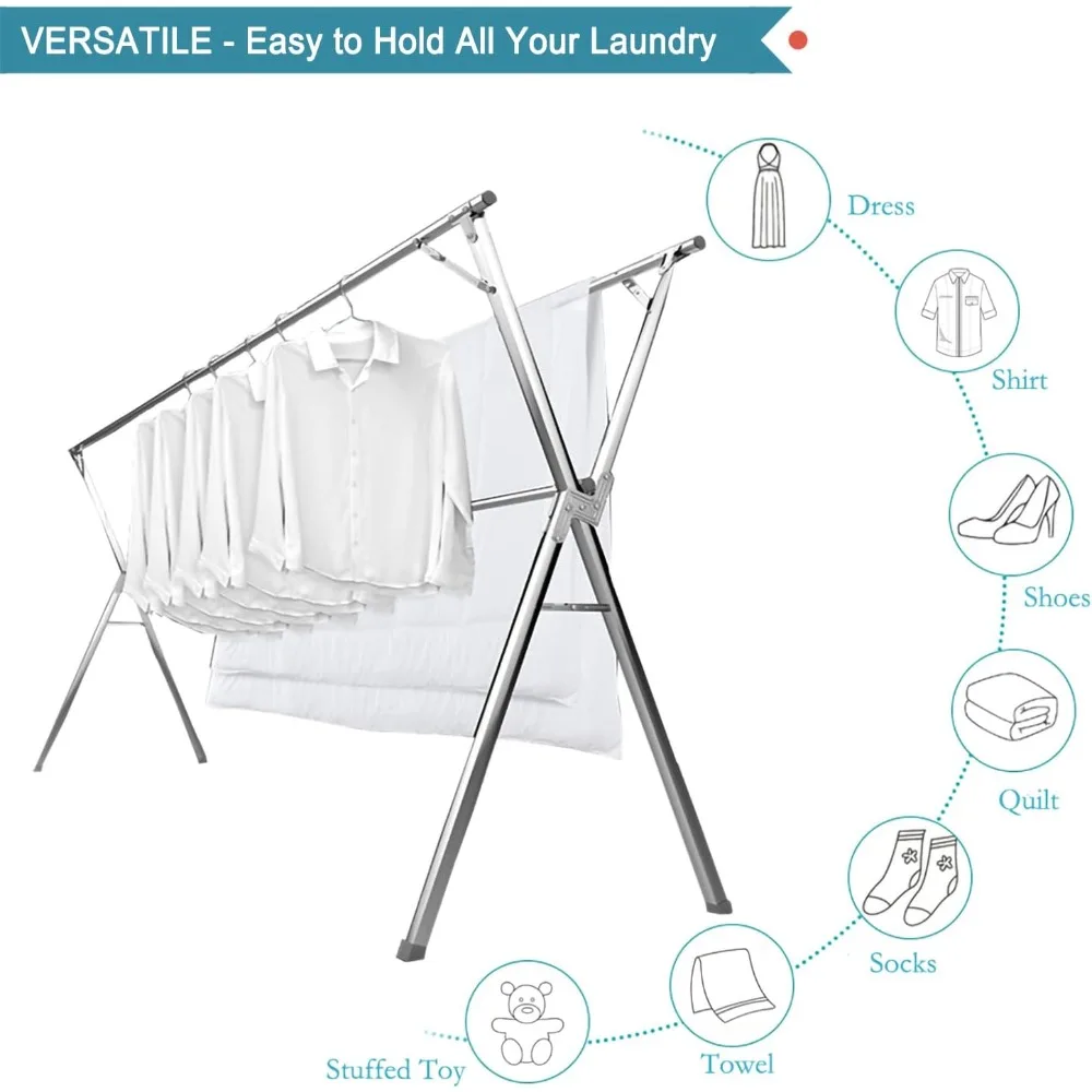 95 Inches Clothes Drying Rack Clothing Folding Indoor Outdoor, Heavy Duty Stainless Steel Laundry Drying Rack 2