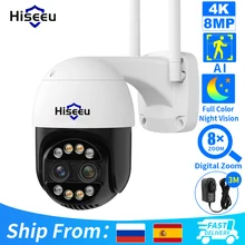 Hiseeu 4K 8MP Dual Lens PTZ Wifi IP Camera 8X Zoom Outdoor HD Full Color Night Vision Human Detection Video Surveillance Cameras