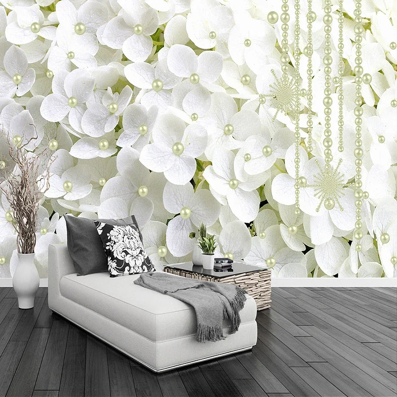 Papel de Parede 3d Estereoscópico Flores Brancas Jóias Pérola Foto Moda Moderna Sala de Estar Decoração Interior Mural de Parede
