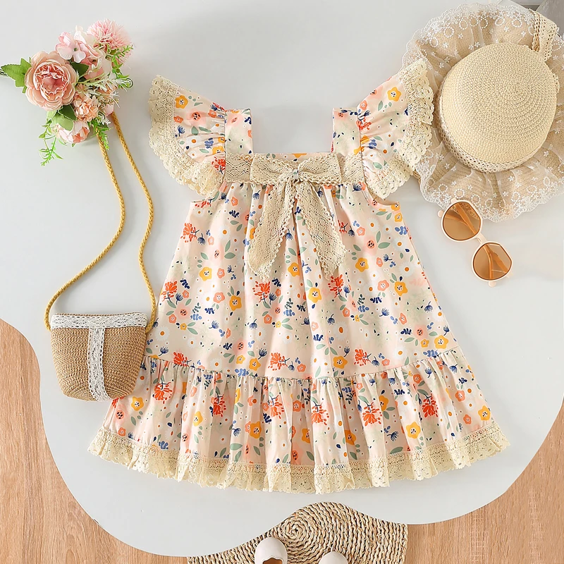 Girls Sleeveless Floral Print Lace Patchwork Princess Dress Toddler Baby Summer Fashion Casual Dress Fly Sleeve 5