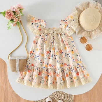 Girls Sleeveless Floral Print Lace Patchwork Princess Dress Toddler Baby Summer Fashion Casual Dress Fly Sleeve 5
