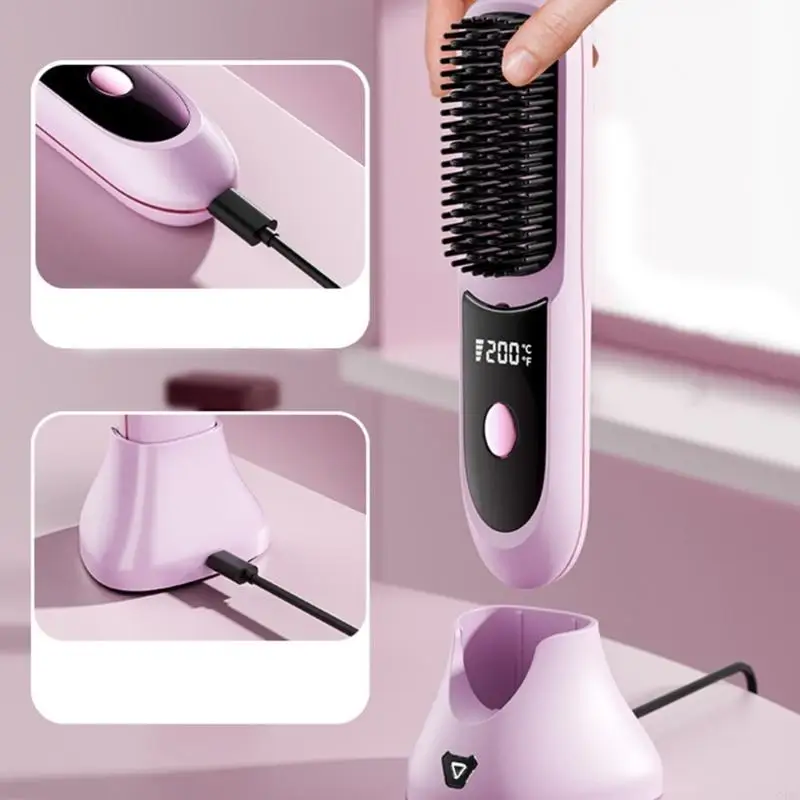 C4DA USB Rechargeable Hair Straightener Brush Fast Heating & 3 Temperature Settings