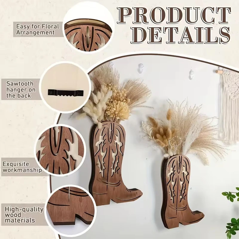 Wooden Cowgirl Cowboy Boot Vase Cowboy Boots Wall Planter Dried Flower Plant Shelf Wall Hanging Indoor Vase Hanging Art Ornament 3