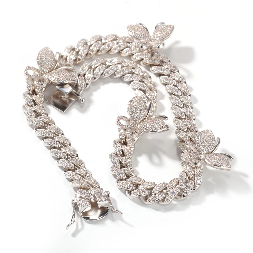 Uwin 12mm Rotate Butterfly Cuban Chain Two Tone Miami Link Iced Out Pave Setting Bling Necklace Women Accessories Jewelry