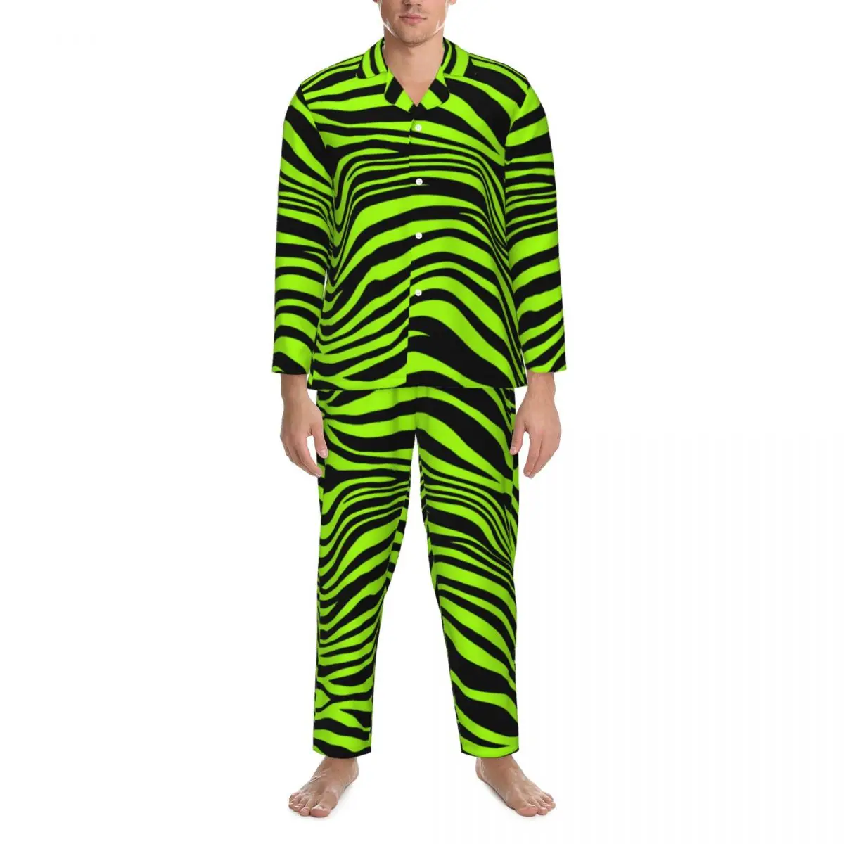 

Pajamas Man Green Tiger Lines Leisure Nightwear Animal Print 2 Pieces Casual Loose Pajama Sets Long Sleeve Oversize Home Suit