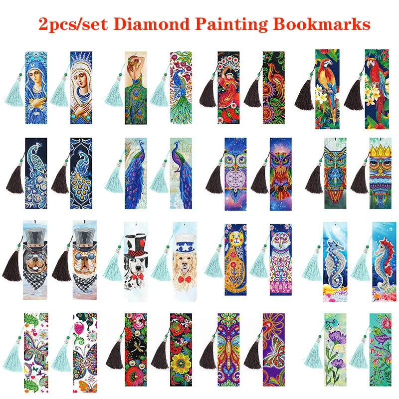 

2pcs/set DIY Diamond Painting Bookmarks Cartoon Animals Characters Mosaic Leather Tassel Decor Handmade Book Mark Craft Gift