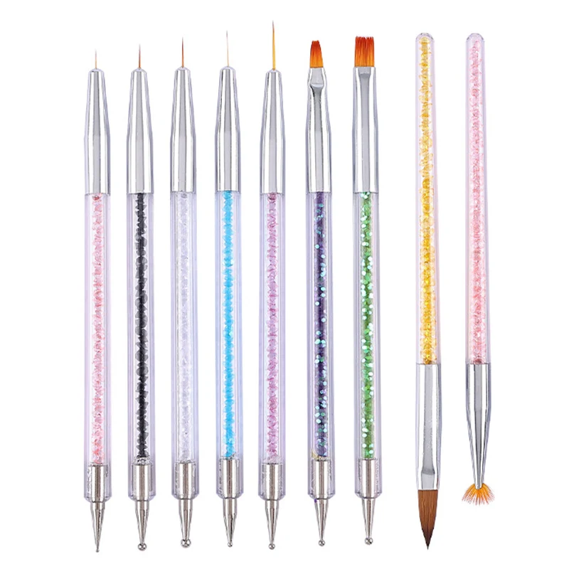 

9pcs Nail Art Brush Set Gel Polish Nail Carving Painting Dotting Pen Liner Brush Rhinestone Handle Professional Nail Supplies