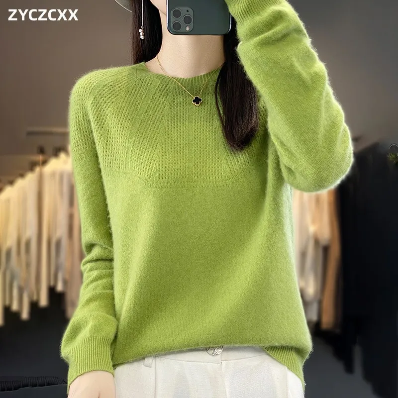 

ZYCZCXX 100% Merino Wool Women's Sweater O Collar Jumper 2023 Autumn/Winter Thickened Soft Sweater Women's Casual Fashion