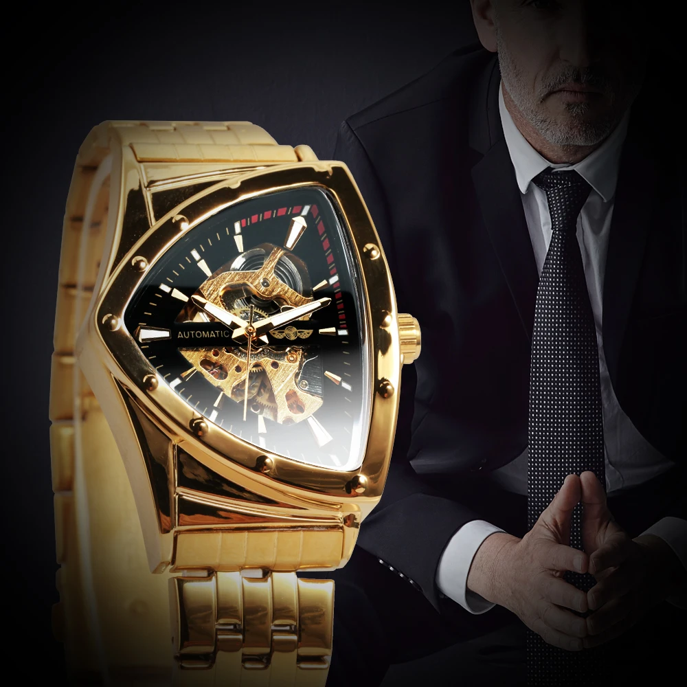 Winner, Orologio da polso meccanico da uomo, alla moda, con quadrante da corsa triangolare, impermeabile, con movimento automatico e cinturino in pelle, Nero-L