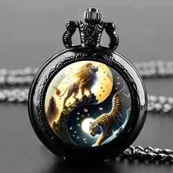 Animal Cat Tiger Yin and Yang Glass Dome Vitage Quartz Pocket Watch Men Women Pendant Necklace Clock Chain Watch Jewelry Gifts